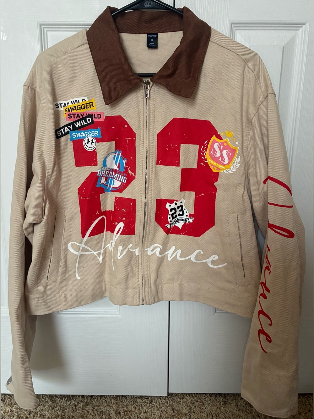 ROMWE Beige & Brown Bomber Jacket with Red Graphics Swagger 23 Number